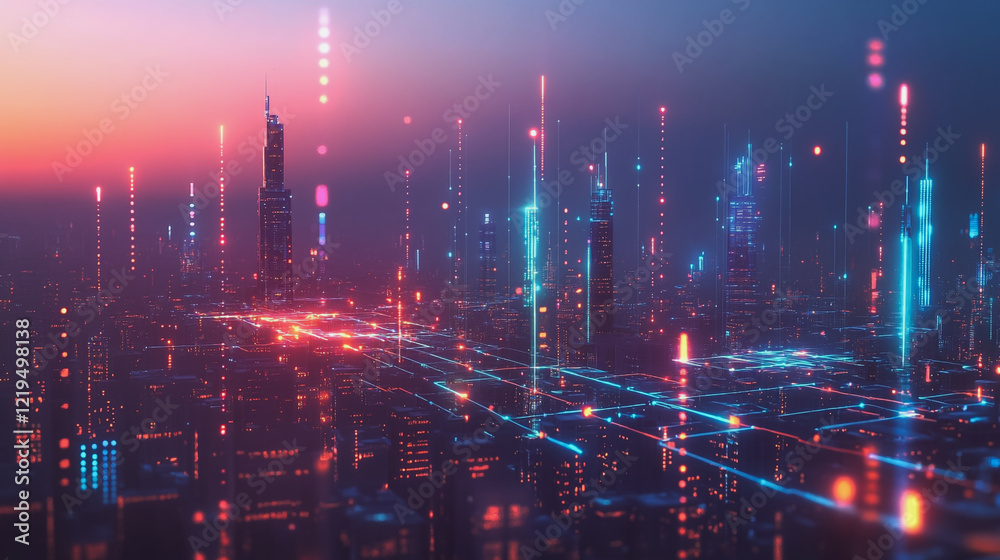 Fototapeta premium Smart digital Innovation city with connection network reciprocity over the twilight cityscape. of future smart wireless digital city and social media networking systems that connects people with city 
