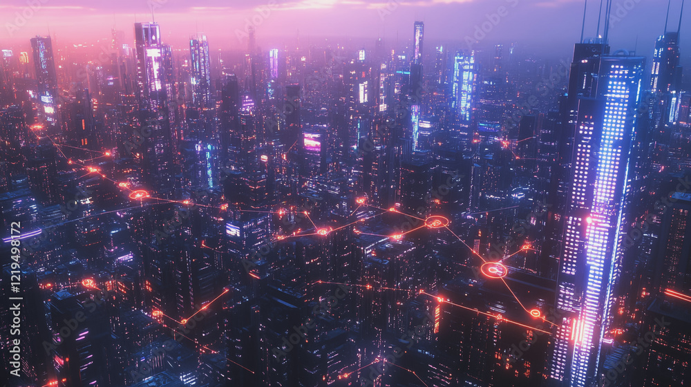 Fototapeta premium Smart digital Innovation city with connection network reciprocity over the twilight cityscape. of future smart wireless digital city and social media networking systems that connects people with city 