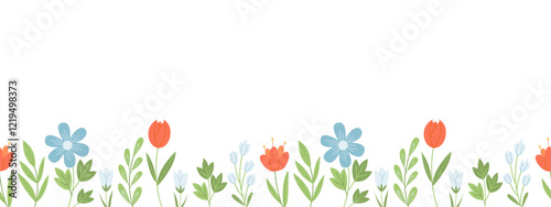 Seamless horizontal border with cute wildflowers and leaves Botanical background in hand drawn style