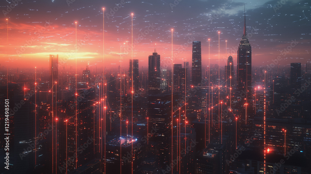 Fototapeta premium Smart digital Innovation city with connection network reciprocity over the twilight cityscape. of future smart wireless digital city and social media networking systems that connects people with city 