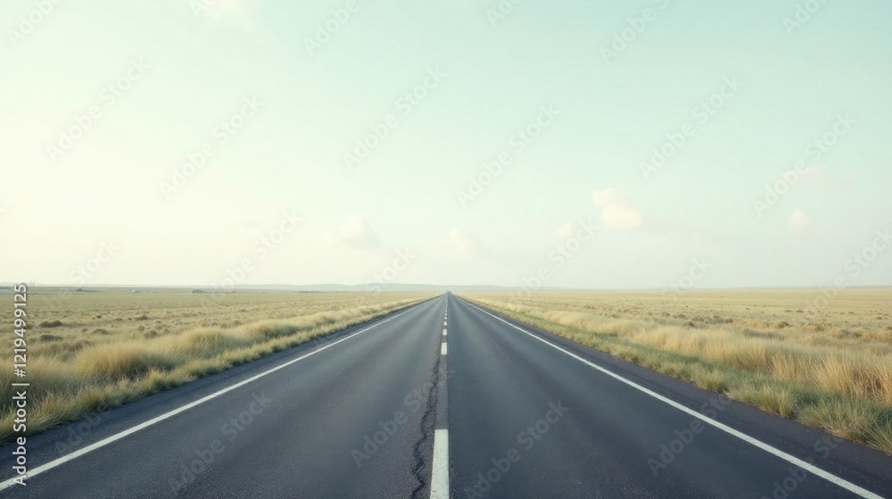 Endless Asphalt Highway Cutting Through a Vast Expanse of Serene Grasslands Under a Pale Sky Endless Asphalt Highway Cutting Through a Vast Expanse of Serene Grasslands Under a Pale Sky