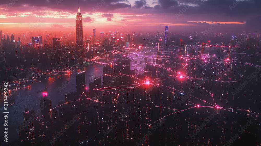 Fototapeta premium Smart digital Innovation city with connection network reciprocity over the twilight cityscape. of future smart wireless digital city and social media networking systems that connects people with city 