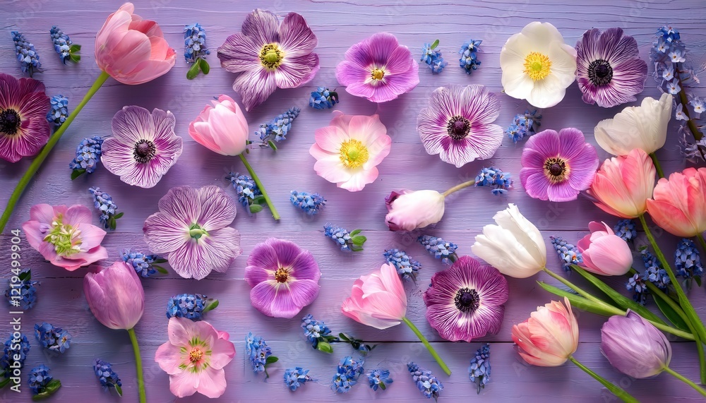 A vibrant mix of pink tulips and various pastel-hued spring flowers covers a surface, embodying the essence of spring A vibrant mix of pink tulips and various pastel-hued spring flowers covers a surface, embodying the essence of spring