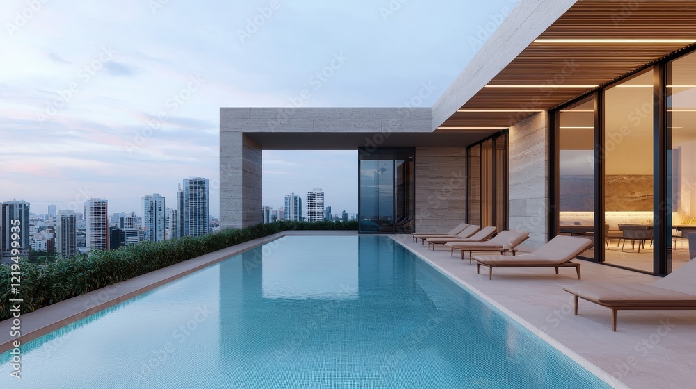 Fototapeta premium A modern rooftop pool with stunning city views, featuring lounge chairs and a sleek architectural design, perfect for relaxation and luxury.