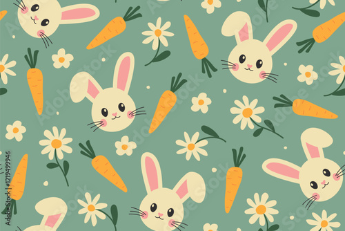 seamless easter pattern with rabbits, carrots and daisy flowers - vector illustration