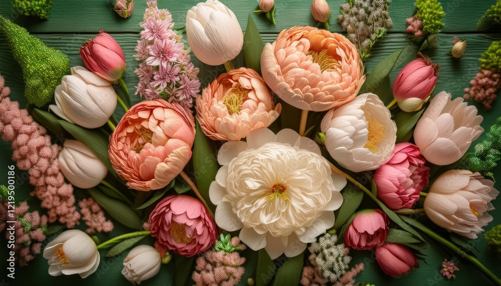 A breathtaking array of tulips and peonies fills the frame, their silky petals and fluffy textures forming a colorful tapestry. This floral masterpiece captures the essence of spring's awakening