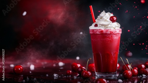 Delicious Cherry Milkshake with Whipped Cream - Indulge in a refreshing cherry milkshake, topped with luscious whipped cream and fresh cherries.  Sweet, creamy, cool, vibrant, and fruity. photo