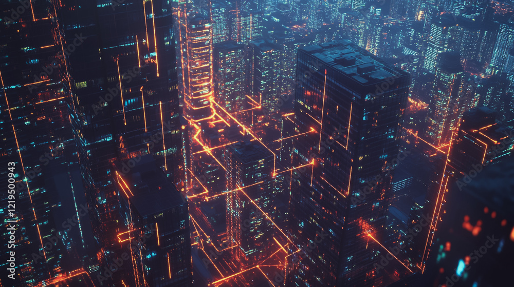 Fototapeta premium Smart digital Innovation city with connection network reciprocity over the twilight cityscape. of future smart wireless digital city and social media networking systems that connects people with city 