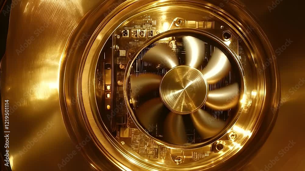 Golden tech fan cooling system, close-up, abstract background, futuristic design, tech concept Golden tech fan cooling system, close-up, abstract background, futuristic design, tech concept