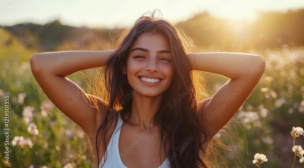 Golden Hour Beauty: A Woman's Radiant Smile in a Field of Flowers Golden Hour Beauty: A Woman's Radiant Smile in a Field of Flowers
