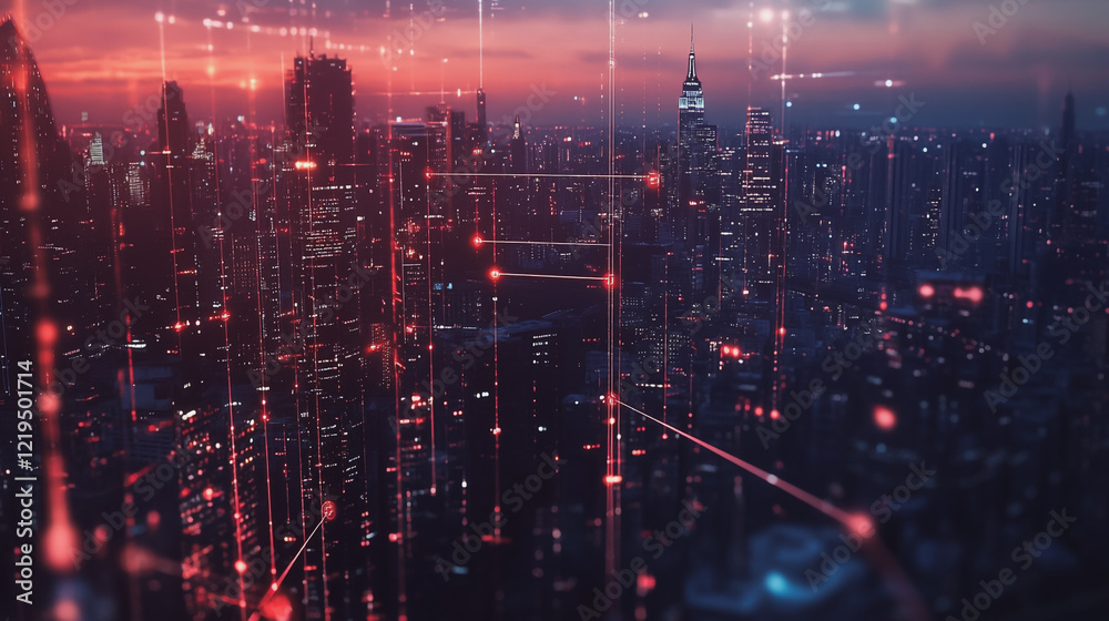 Obraz premium Smart digital Innovation city with connection network reciprocity over the twilight cityscape. of future smart wireless digital city and social media networking systems that connects people with city 