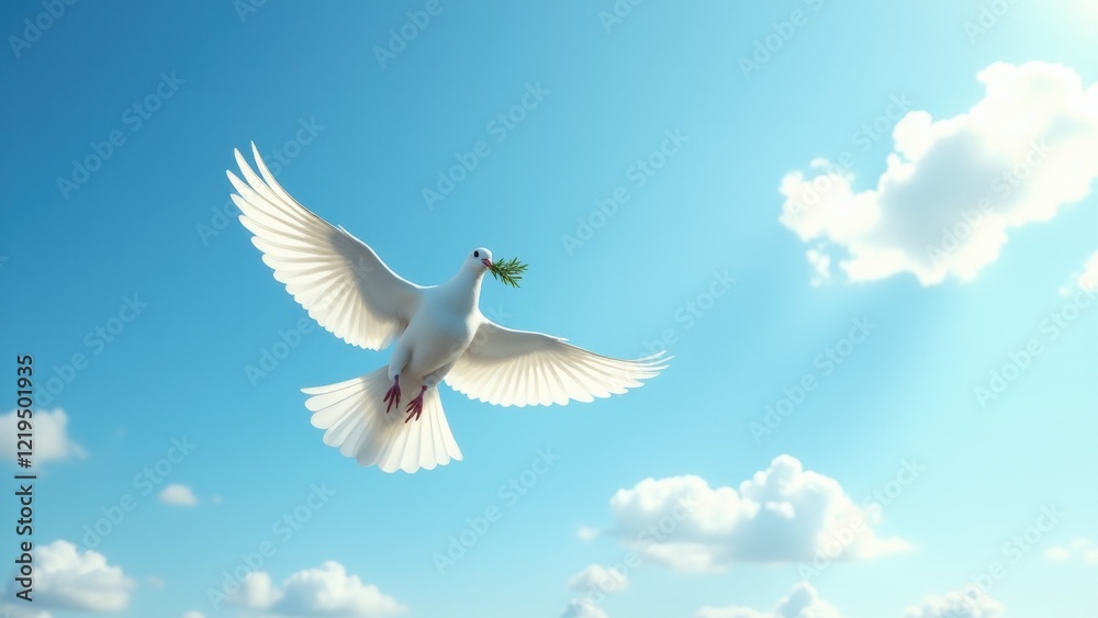 Fototapeta premium A bright blue sky and a pure white Peace Dove define the spirit of International Women’s Day, representing worldwide aspirations for harmony, empathy, and lasting peace.