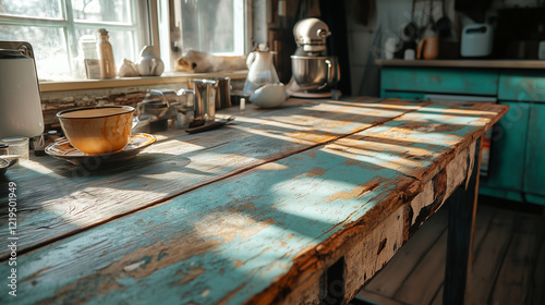 Rustic kitchen with sunlit vintage wooden table and cozy atmosphere photo