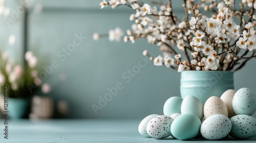 An array of speckled and solid colored eggs sits amidst a lovely flower arrangement, evoking a sense of joy and peace, symbolizing the spirit of Easter and new beginnings. photo