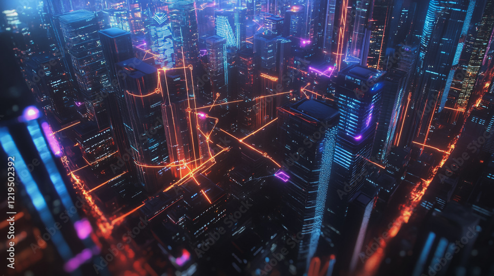 Obraz premium Smart digital Innovation city with connection network reciprocity over the twilight cityscape. of future smart wireless digital city and social media networking systems that connects people with city 