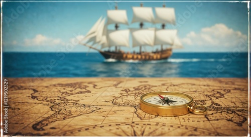 Vintage nautical adventure with compass and sailing ship on map photo