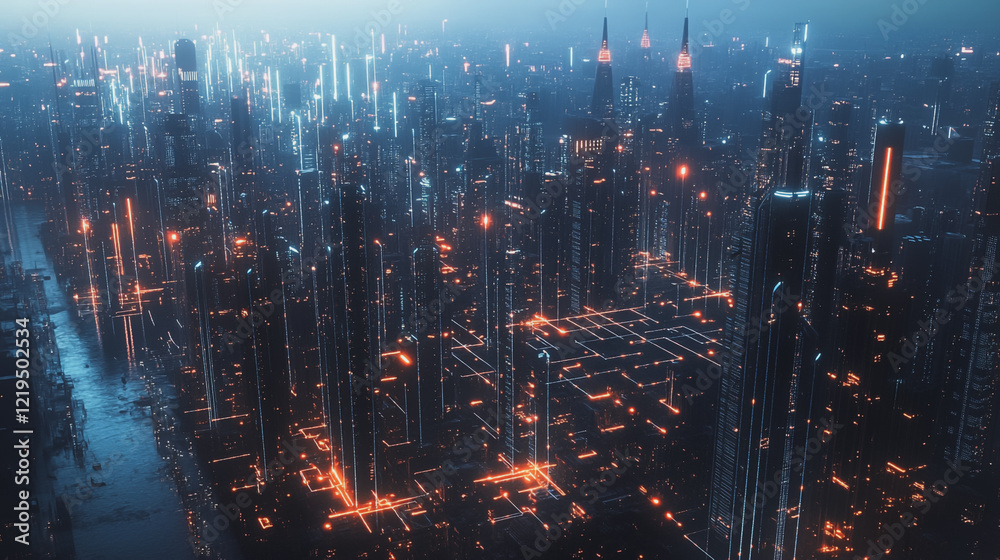 Naklejka premium Smart digital Innovation city with connection network reciprocity over the twilight cityscape. of future smart wireless digital city and social media networking systems that connects people with city