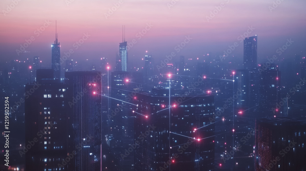 Fototapeta premium Smart digital Innovation city with connection network reciprocity over the twilight cityscape. of future smart wireless digital city and social media networking systems that connects people with city 