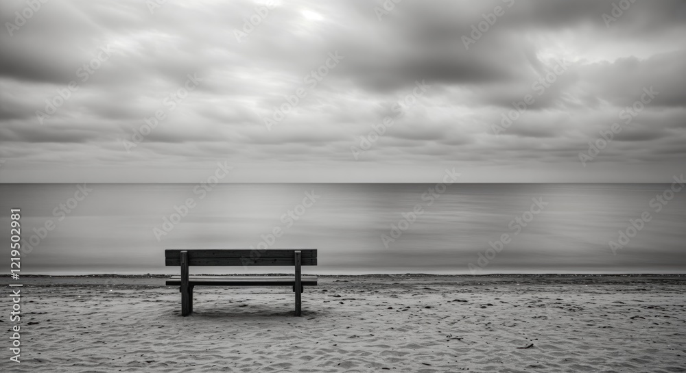 Solitary bench overlooking calm ocean under moody cloudy sky Solitary bench overlooking calm ocean under moody cloudy sky