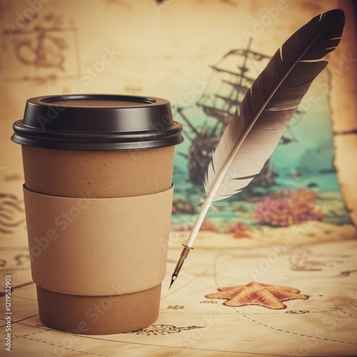 Coffee adventure: to-go cup and quill pen on vintage map with sea voyage elements