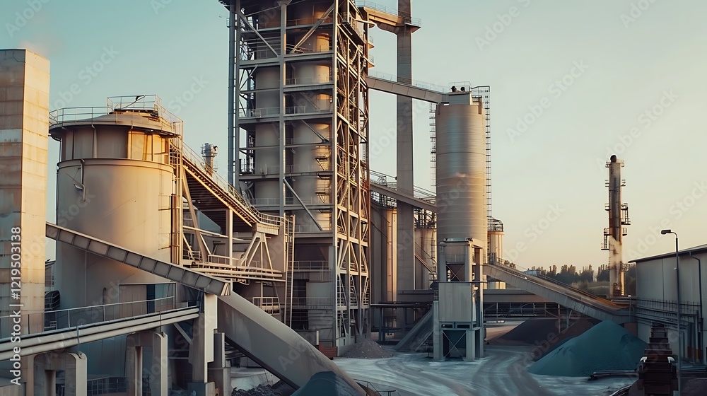 A modern cement factory with large mixers blending raw materials A modern cement factory with large mixers blending raw materials