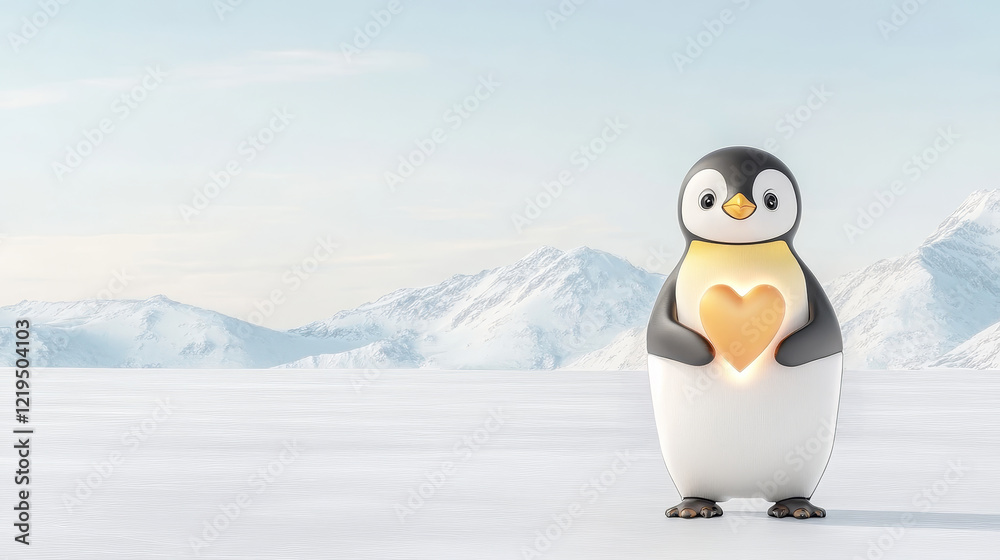 Fototapeta premium Penguin Holding Heart in Snowy Landscape - Adorable penguin holding a golden heart in a serene snowy mountain landscape. Perfect for Valentine's Day, winter, or nature themes.