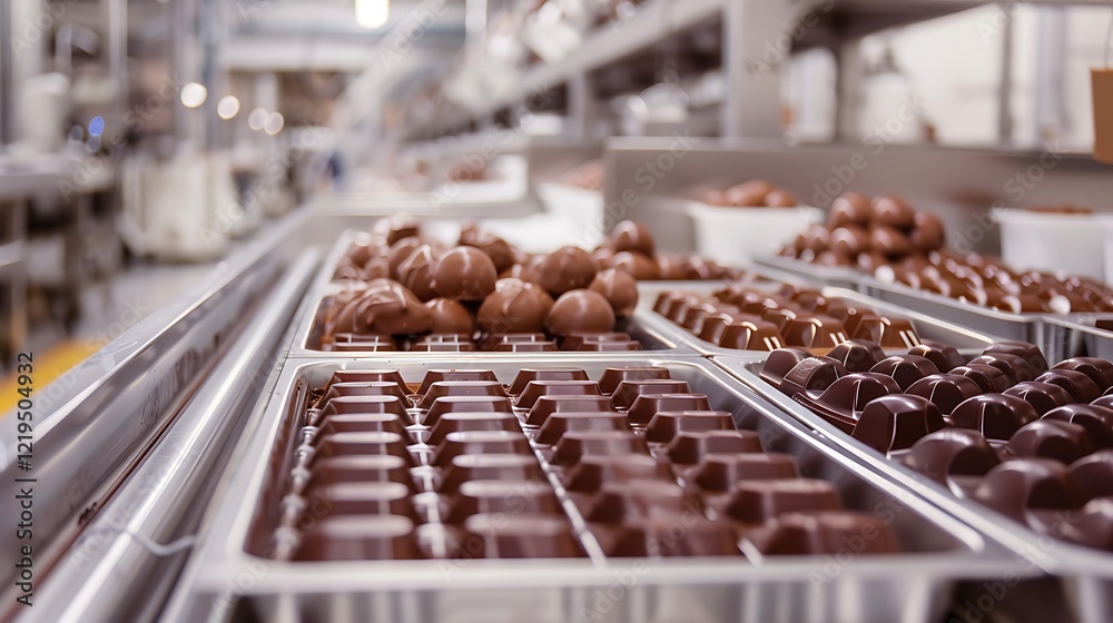 A modern chocolate production line where machines fill molds and package finished products A modern chocolate production line where machines fill molds and package finished products