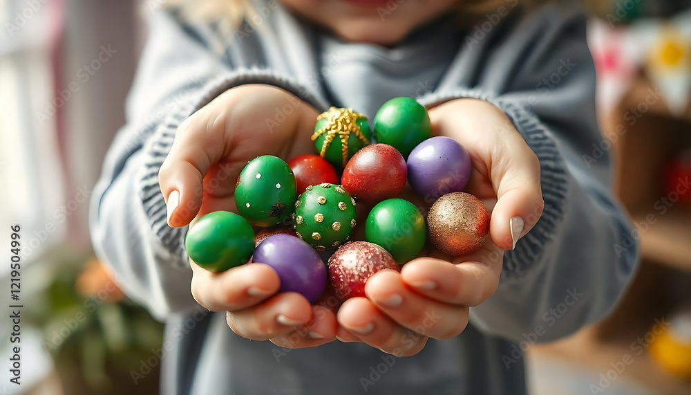 Vibrant Decorated Chocolate Easter Eggs: Purple, Green, Red, and Gold in a Cozy Indoor Setting