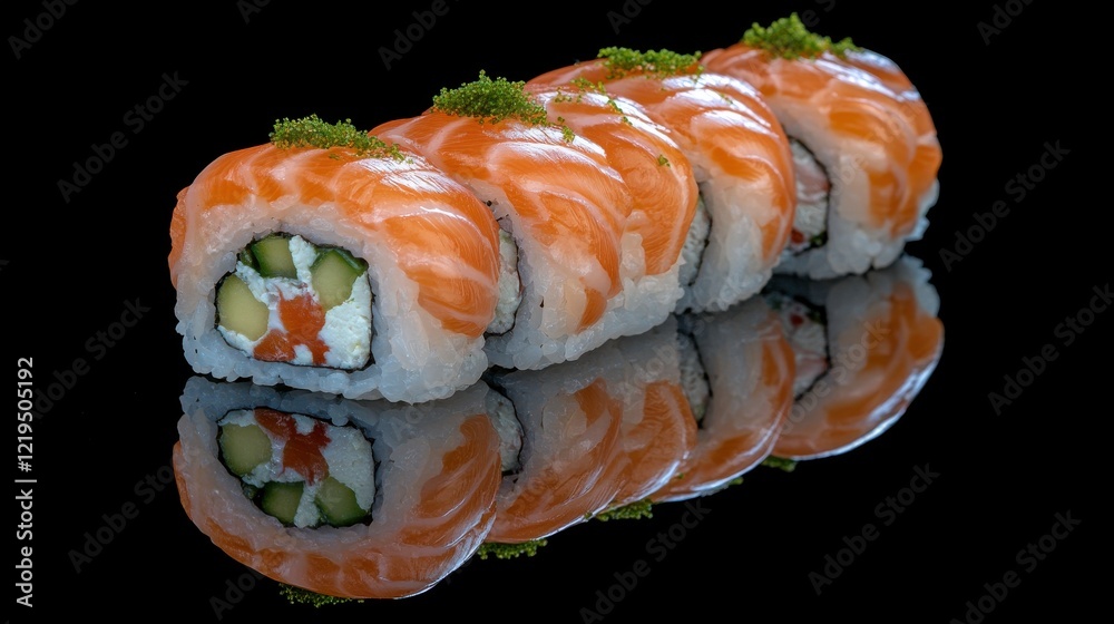 Sashimi Rolls with Soy Sauce and Ginger on Black Background Sashimi Rolls with Soy Sauce and Ginger on Black Background