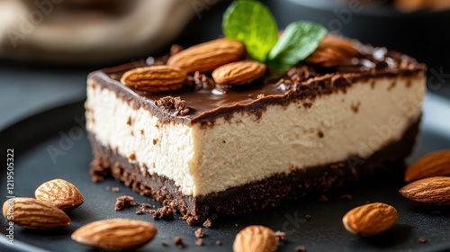 Wallpaper Mural An exquisite chocolate cheesecake slice layered with almonds, beautifully plated and garnished, creating an inviting dessert that captivates the taste buds and eyes alike. Torontodigital.ca