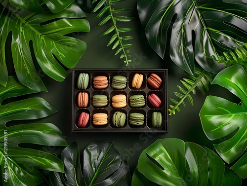 Artfully Arranged Macarons with Eco Friendly Packaging Surrounded by Vibrant Greenery