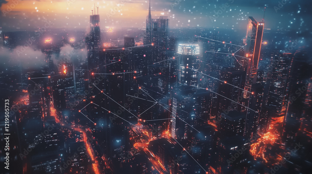 Naklejka premium Smart digital Innovation city with connection network reciprocity over the twilight cityscape. of future smart wireless digital city and social media networking systems that connects people with city 
