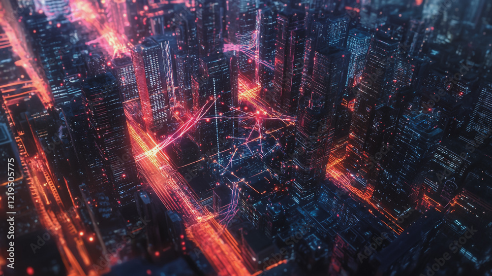 Naklejka premium Smart digital Innovation city with connection network reciprocity over the twilight cityscape. of future smart wireless digital city and social media networking systems that connects people with city 