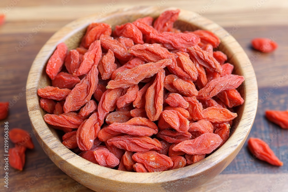 Natural goji berry snack. Dried goji berries in a wooden bowl on a wooden surface. Natural goji berry snack. Dried goji berries in a wooden bowl on a wooden surface.