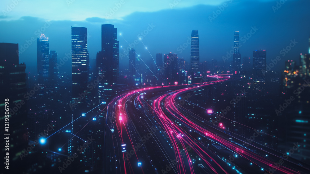 Fototapeta premium Smart digital Innovation city with connection network reciprocity over the twilight cityscape. of future smart wireless digital city and social media networking systems that connects people with city