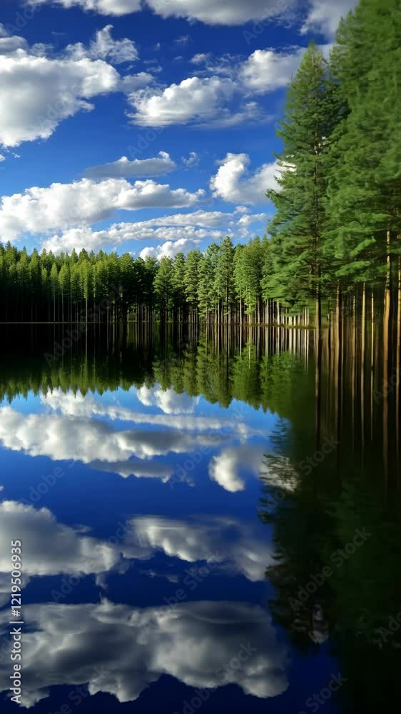 Calm water reflects tall trees and bright clouds in a serene lakeside landscape at midday Calm water reflects tall trees and bright clouds in a serene lakeside landscape at midday