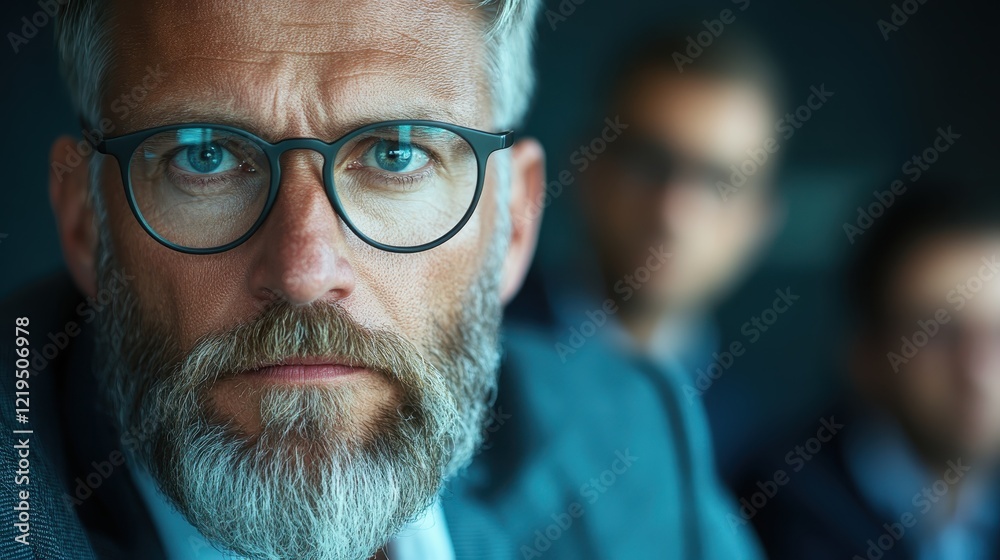 A sharp portrait of a business professional with glasses, deeply engaged in thought in a corporate setting, capturing a moment of introspection against a blurred background.