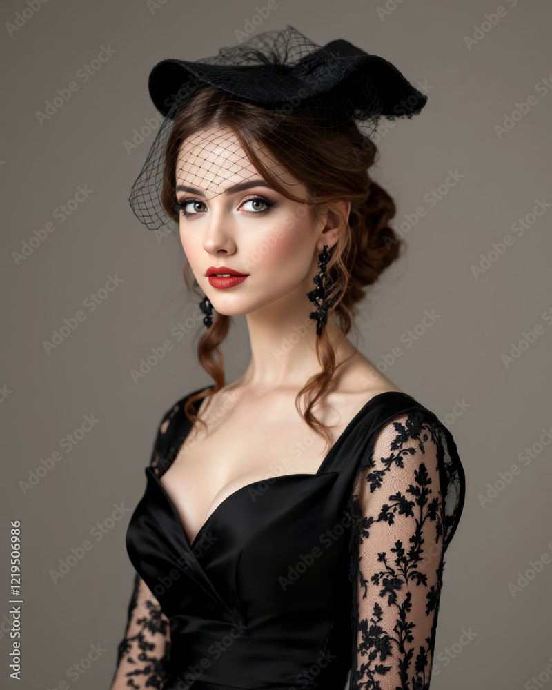 Elegant woman in lace dress with veil and hat for vintage fashion design Elegant woman in lace dress with veil and hat for vintage fashion design