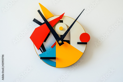 Asymmetrical abstract wall clock in geometric shapes and vibrant colors on a plain white wall, artistic and modern concept  photo