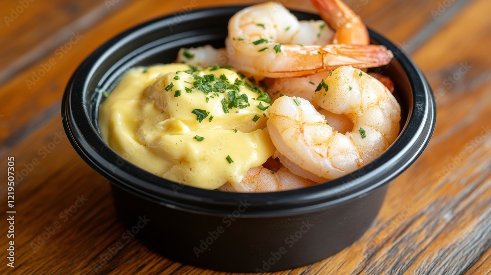 Shrimp Dishes with Garlic Butter and Herbs on Wooden Background Shrimp Dishes with Garlic Butter and Herbs on Wooden Background
