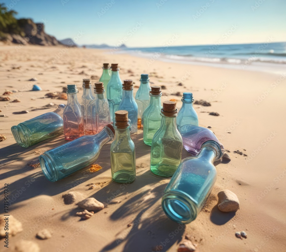 Glass bottles scattered on a vast sandy beach, seaside, seashore, coastal Glass bottles scattered on a vast sandy beach, seaside, seashore, coastal