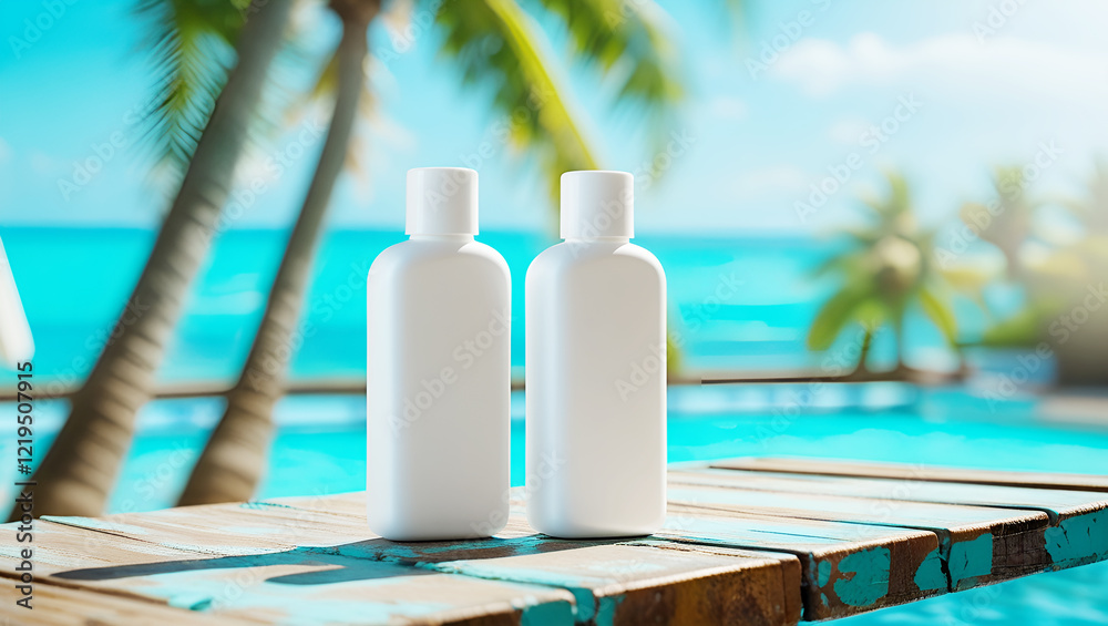 Obraz premium Two blank white empty sunscreen bottles mockup on wooden surface, cosmetic product advertising template swimming pool with palm trees blurred background.