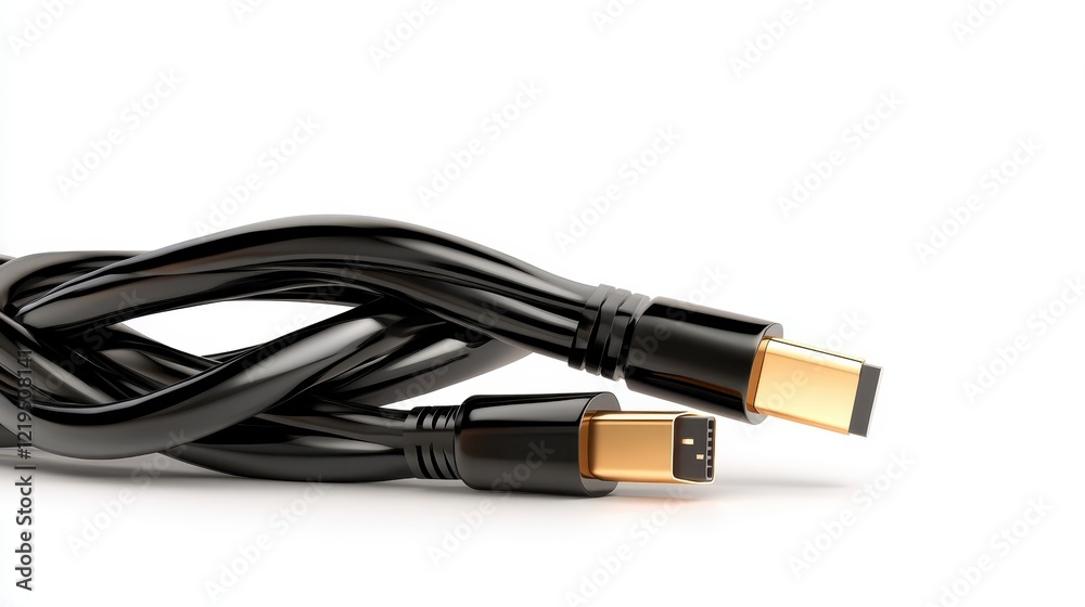 A close-up view of intertwined black cables with polished gold connectors, showcasing intricate details and the merging of technology and design in a striking way. A close-up view of intertwined black cables with polished gold connectors, showcasing intricate details and the merging of technology and design in a striking way.