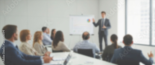 Blurred background of a corporate employee giving a dynamic sales pitch to colleagues in a well-lit conference room, wide