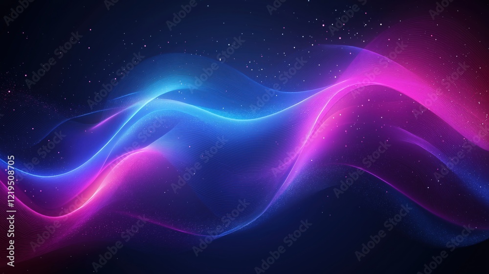 Obraz premium Abstract neon gradient waves with glowing particles on dark background