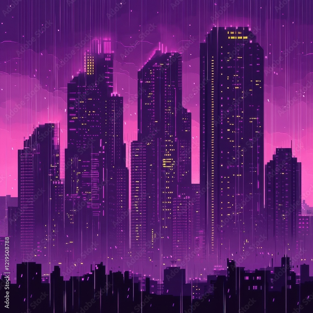 Futuristic Cityscape Under Purple Rain at Night Futuristic Cityscape Under Purple Rain at Night