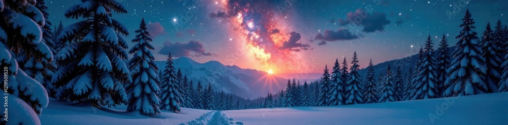 Naklejka premium Bright comet illuminates winter forest canopy, comet, winter, leaves