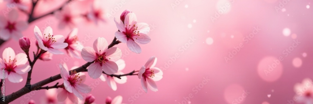 Cherry blossom branches on a warm pink background, blooming, flowers Cherry blossom branches on a warm pink background, blooming, flowers