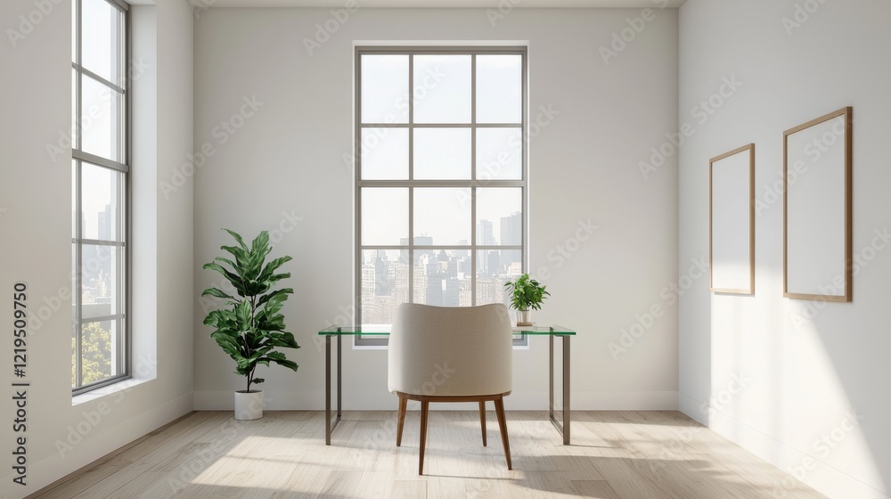 Fototapeta premium A minimalist office space featuring a desk, chair, and plants, illuminated by natural light from large windows.
