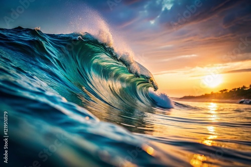 Summer Ocean Wave Pattern, White Background, Low Light Photography Stock Photo